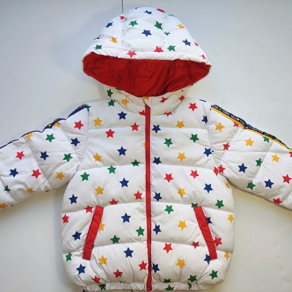 United Colors Benetton Girl's Puffer Jacket Full Zip Multicolor Stars Sz 3-4 Yrs - Picture 2 of 11